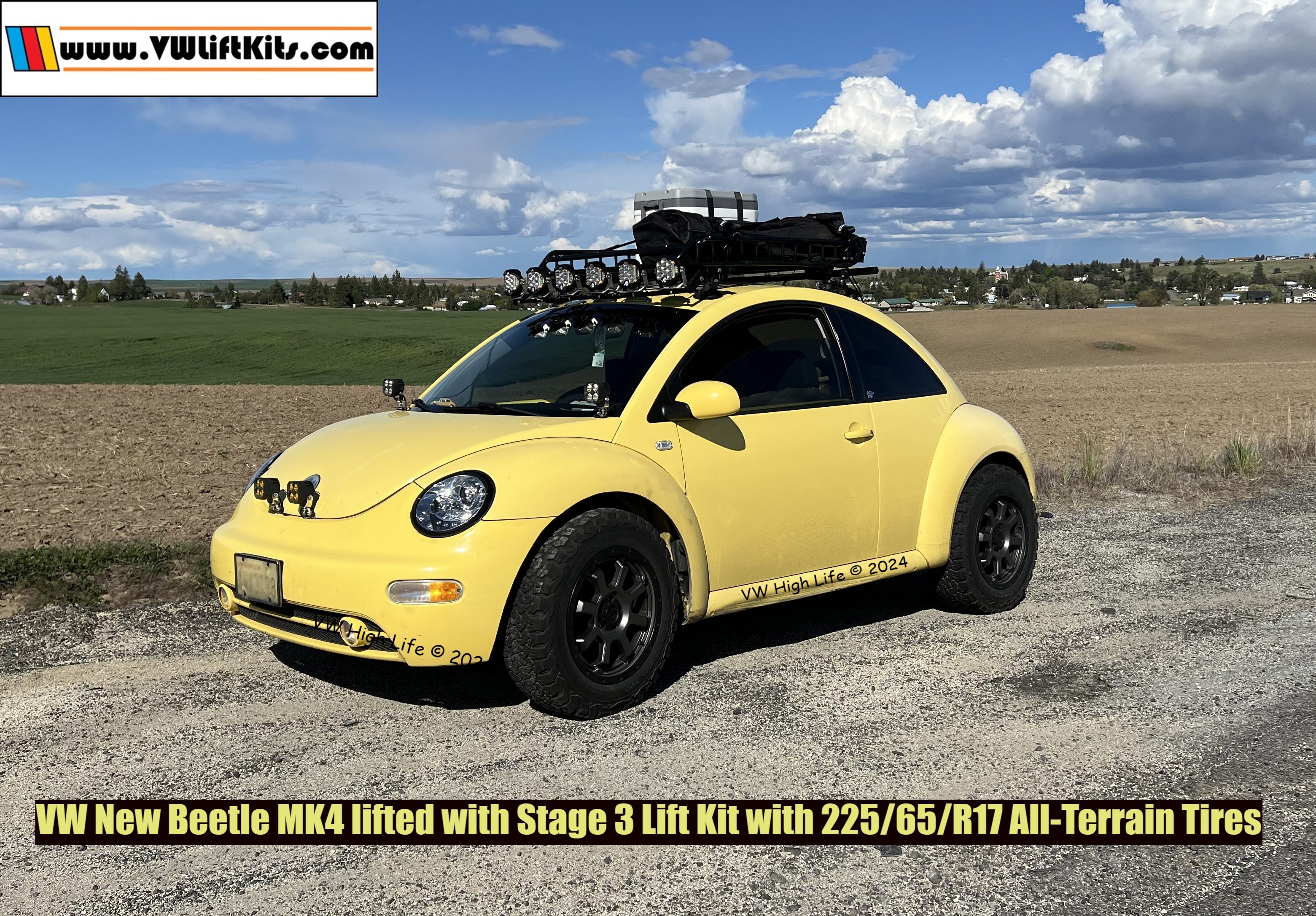 Preston properly lifted his Beetle using a Stage 3 Lift Kit to mount 28-inch all-terrain tires!